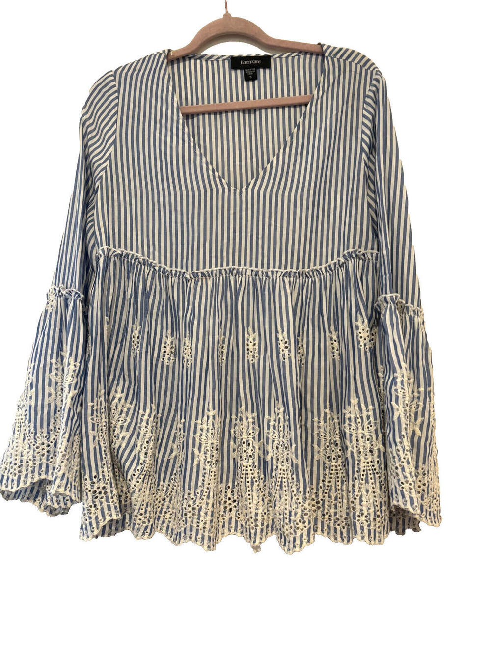 Karen Kane‎ oversized S blue stripe coastal embroidered eyelet peasant blouse EE
